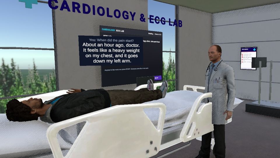 An AI patient in the cardiology lab answers a student's question while the AI cardiologist stands by