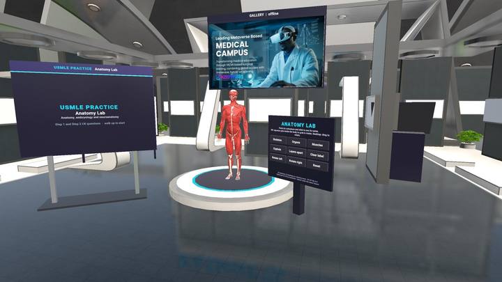 Anatomy lab with a full body model and lesson screens
