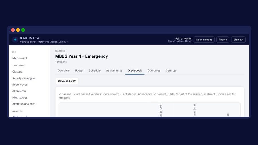 Teacher dashboard with a class gradebook